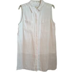Chico's Linen Top Women's Sz 1/US M White Sleeveless Button Down Longline Tunic